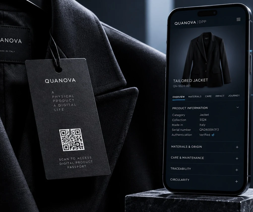 Il cartellino della giacca collega il prodotto al passaporto digitale sullo smartphone