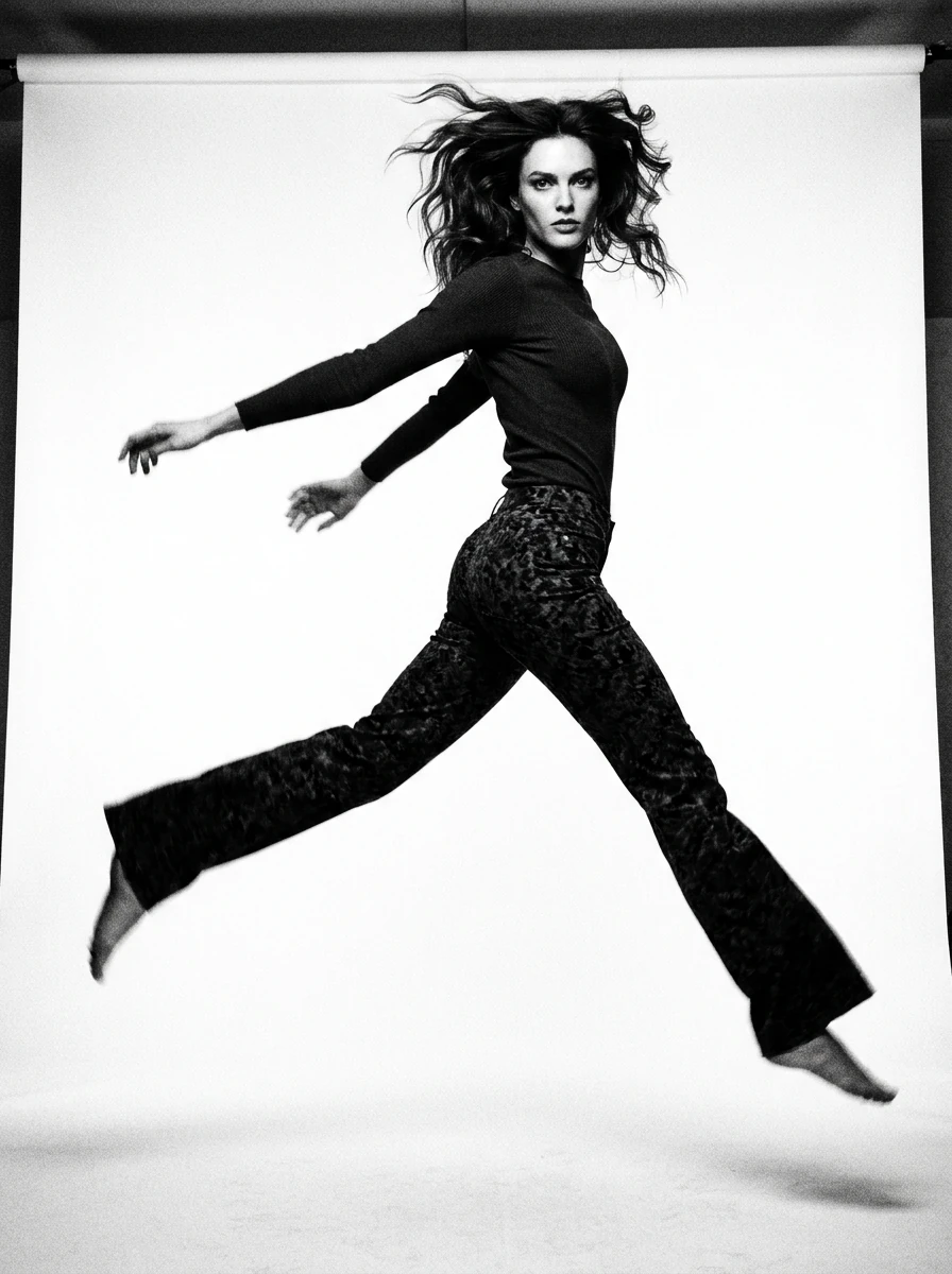 Modella in salto, con top nero e pantaloni, in bianco e nero.