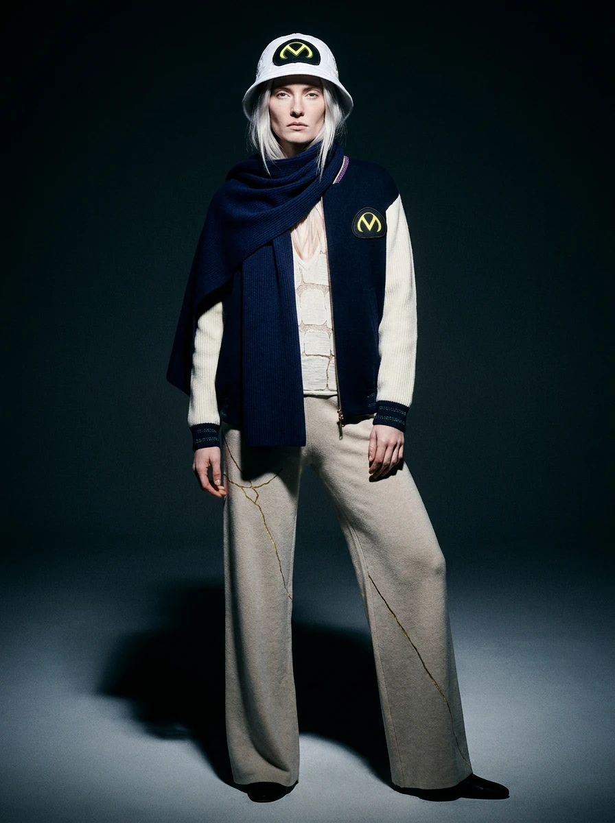 Modella con foulard blu scuro, berretto e completo chiaro.