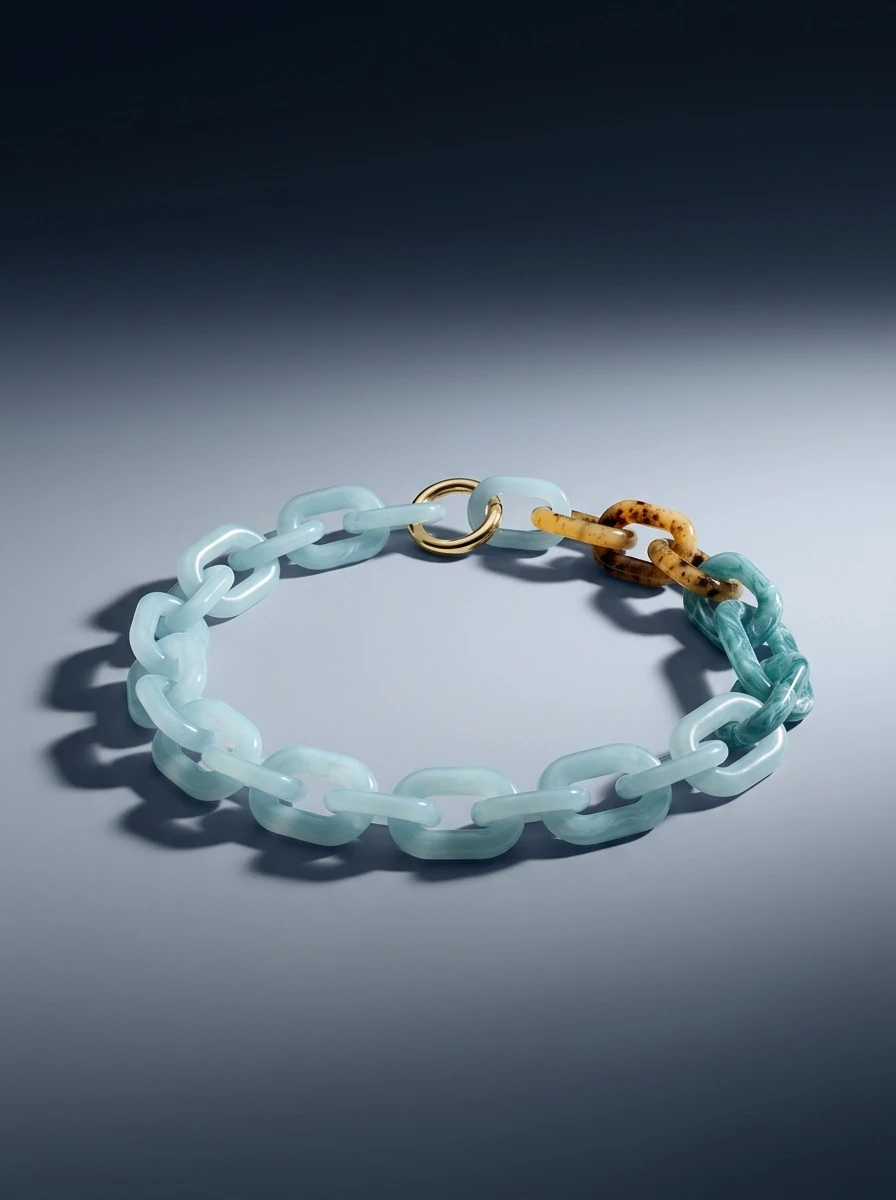 Collana azzurra con catena ampia, su fondo grigio con ombra.