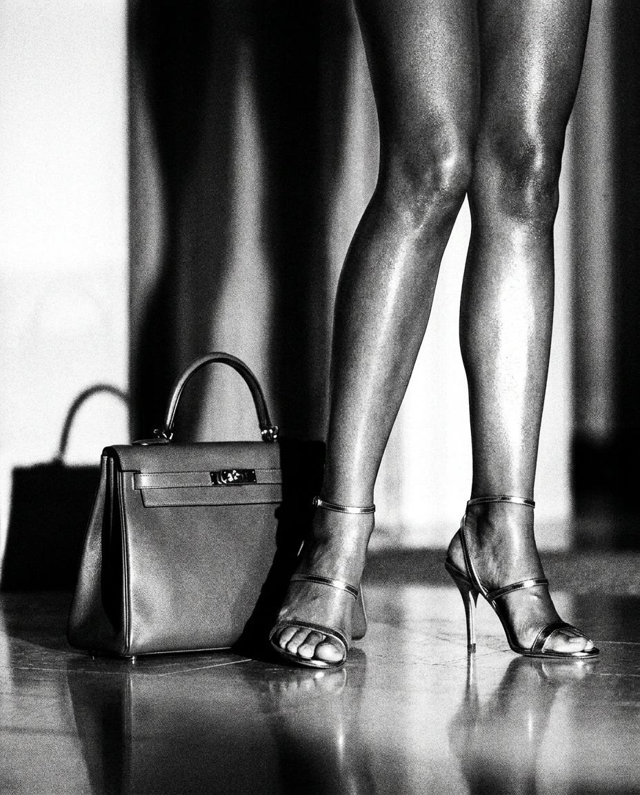 Borsa strutturata e calzature in una fotografia in bianco e nero.
