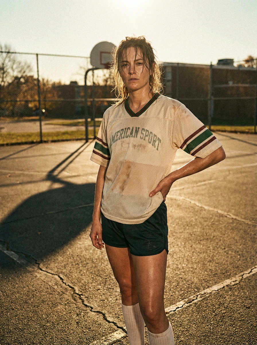 Ritratto sportivo su un campo da tennis nella luce del pomeriggio.