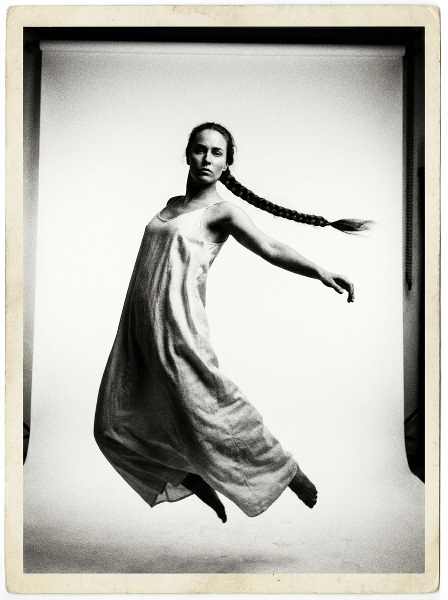 Abito chiaro in movimento, fotografato in bianco e nero.