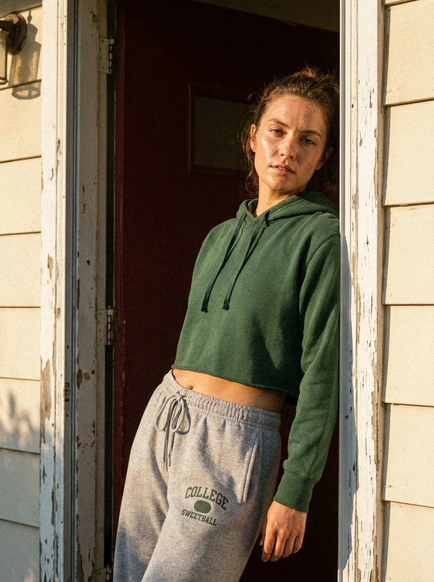 Ritratto con polo verde e pantaloni chiari in luce naturale.