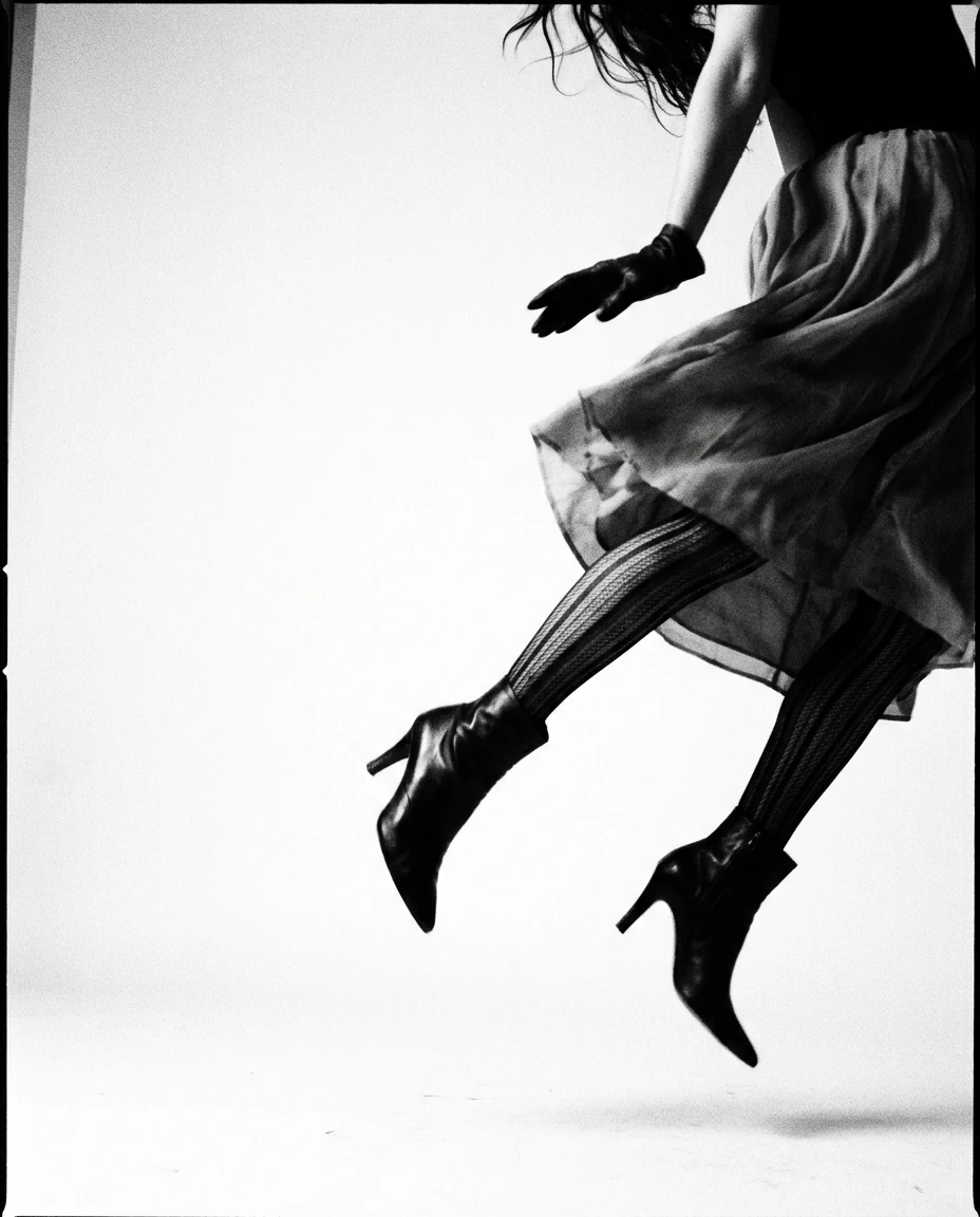 Dettaglio di un abito scuro e scarpe in movimento, in bianco e nero.